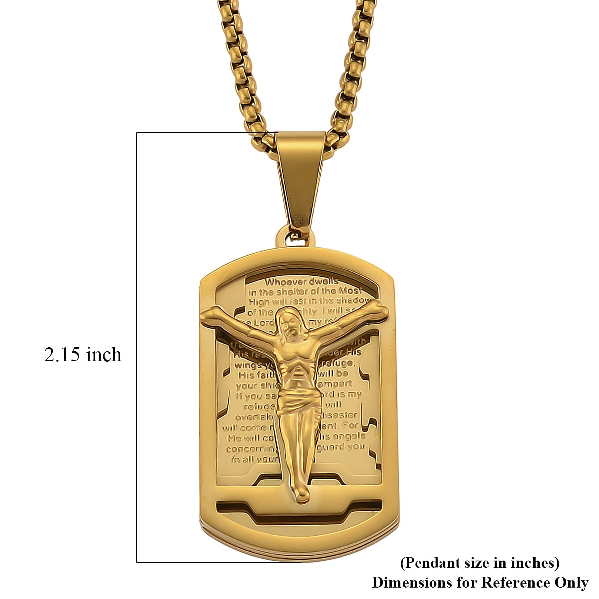 Psalm 91 Crucifix Pendant Necklace (23.5 Inches) in ION Plated YG Stainless Steel