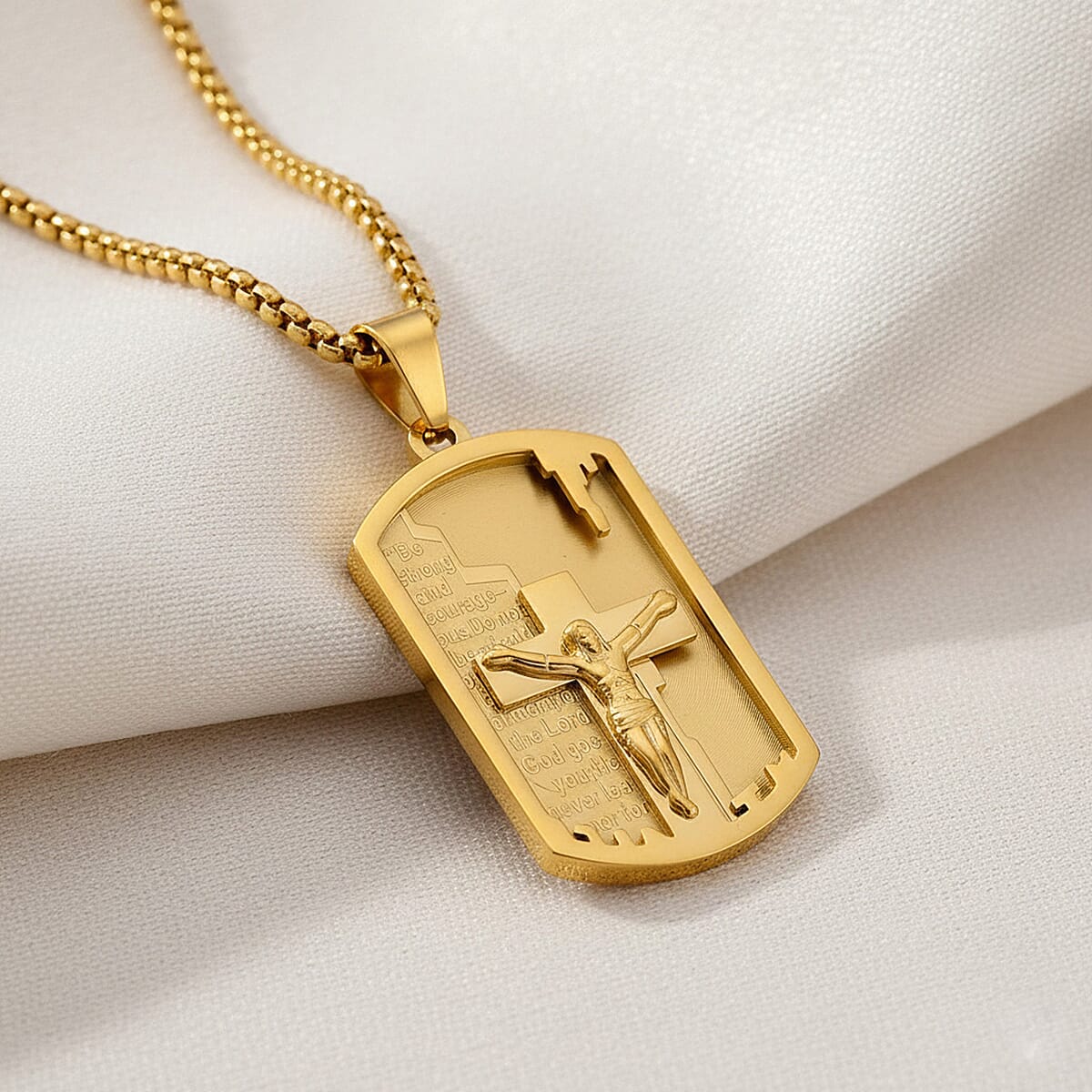 Padre Nuestro Crucifix Mens Pendant Necklace (23.5 Inches) in ION Plated YG Stainless Steel image number 1