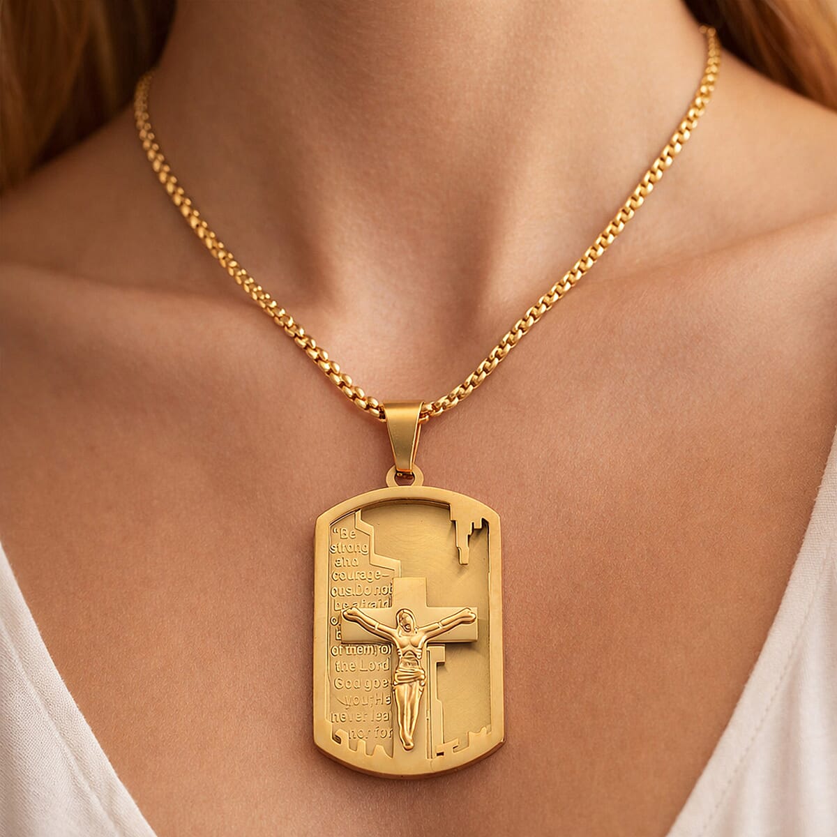 Padre Nuestro Crucifix Mens Pendant Necklace (23.5 Inches) in ION Plated YG Stainless Steel image number 2