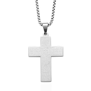 Padre Nuestro Cross Mens Pendant Necklace (23.5 Inches) in Stainless Steel