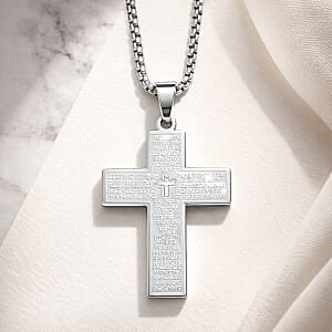 Padre Nuestro Cross Mens Pendant Necklace (23.5 Inches) in Stainless Steel