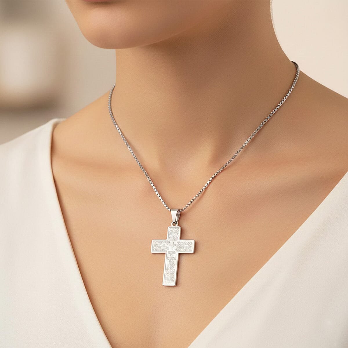 Padre Nuestro Cross Mens Pendant Necklace (23.5 Inches) in Stainless Steel image number 2