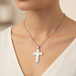 Padre Nuestro Cross Mens Pendant Necklace (23.5 Inches) in Stainless Steel