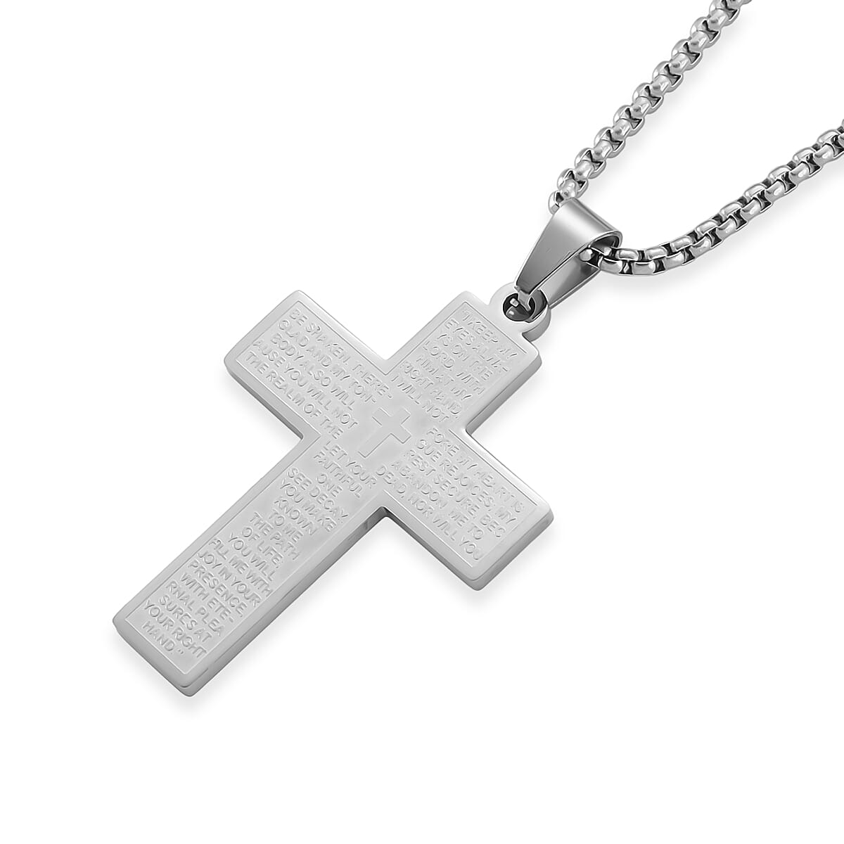 Padre Nuestro Cross Mens Pendant Necklace (23.5 Inches) in Stainless Steel image number 3
