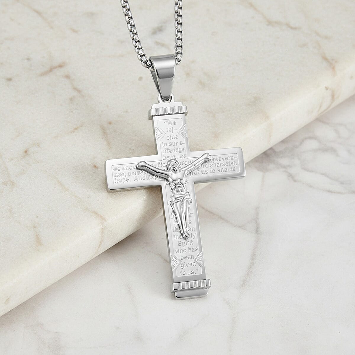 Padre Nuestro Cross Mens Pendant Necklace (23.5 Inches) in Stainless Steel image number 1