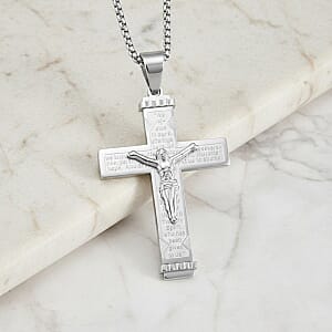 Padre Nuestro Cross Mens Pendant Necklace (23.5 Inches) in Stainless Steel
