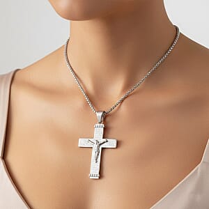Padre Nuestro Cross Mens Pendant Necklace (23.5 Inches) in Stainless Steel