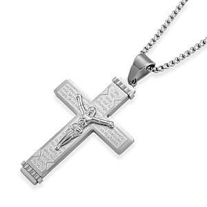 Padre Nuestro Cross Mens Pendant Necklace (23.5 Inches) in Stainless Steel