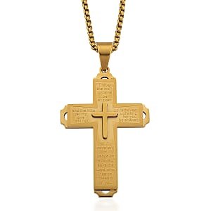 Padre Nuestro Cross Mens Pendant Necklace (23.5 Inches) in ION Plated YG Stainless Steel