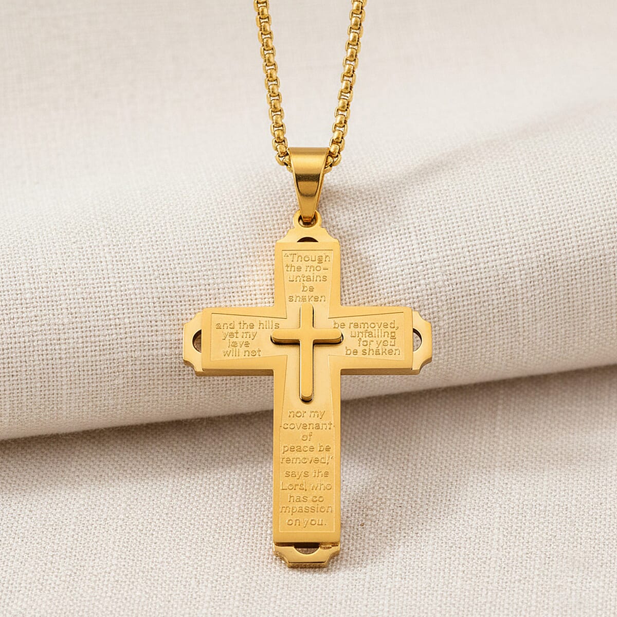 Padre Nuestro Cross Mens Pendant Necklace (23.5 Inches) in ION Plated YG Stainless Steel image number 1