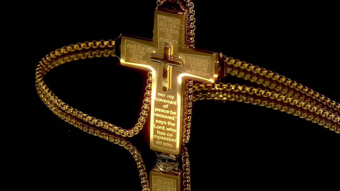 Isaiah Verse Cross Pendant Necklace (23.5 Inches) in ION Plated YG Stainless Steel