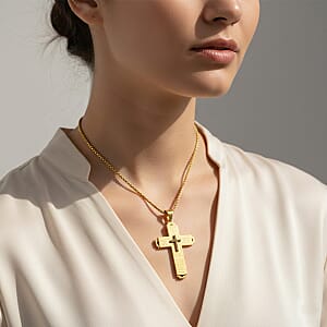 Padre Nuestro Cross Mens Pendant Necklace (23.5 Inches) in ION Plated YG Stainless Steel