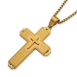 Padre Nuestro Cross Mens Pendant Necklace (23.5 Inches) in ION Plated YG Stainless Steel
