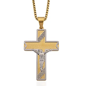 Our Father Two-Tone Crucifix Mens Pendant Necklace (23.5 Inches) in ION Plated YG and Stainless Steel