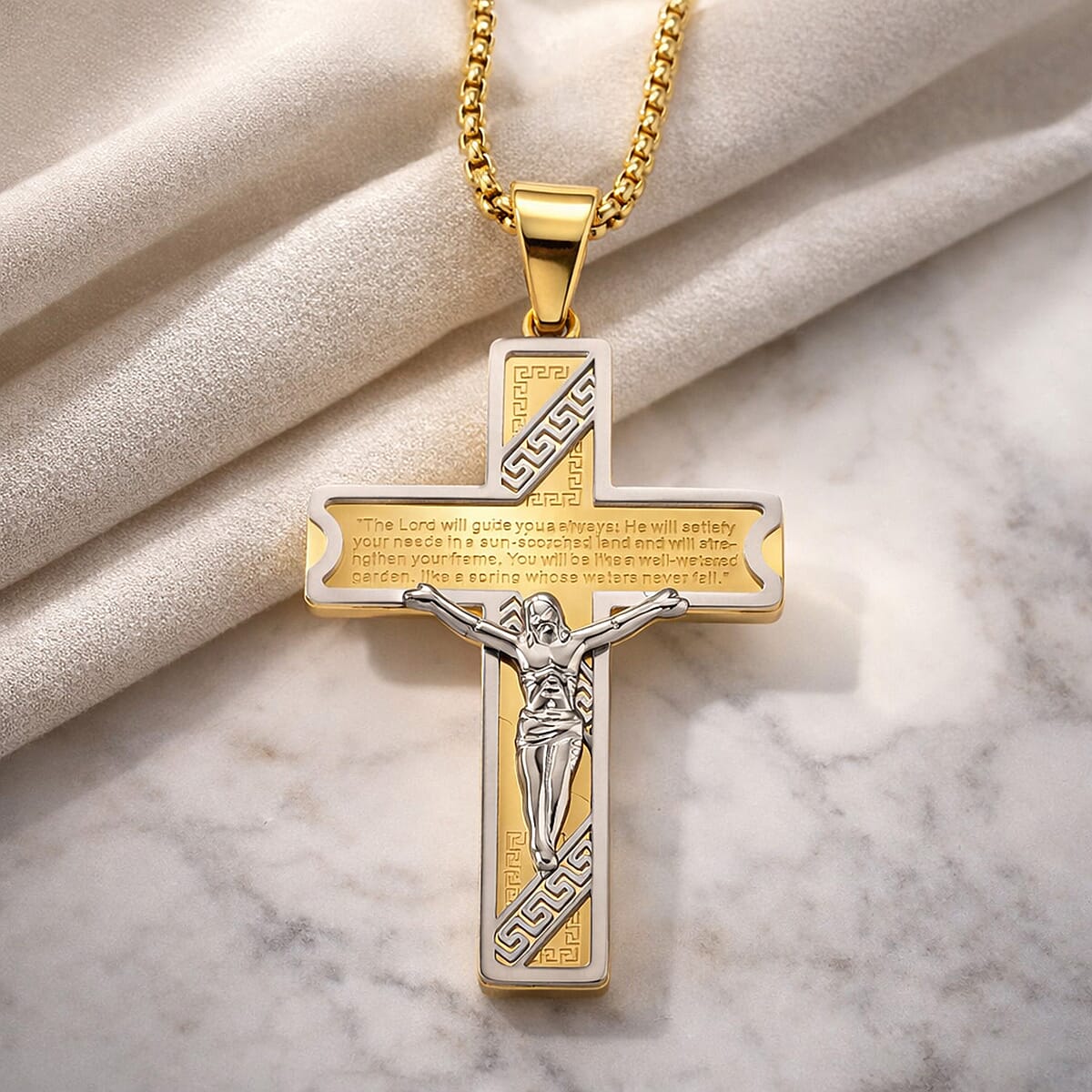 Our Father Two-Tone Crucifix Mens Pendant Necklace (23.5 Inches) in ION Plated YG and Stainless Steel image number 1