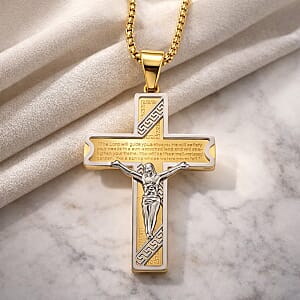 Our Father Two-Tone Crucifix Mens Pendant Necklace (23.5 Inches) in ION Plated YG and Stainless Steel