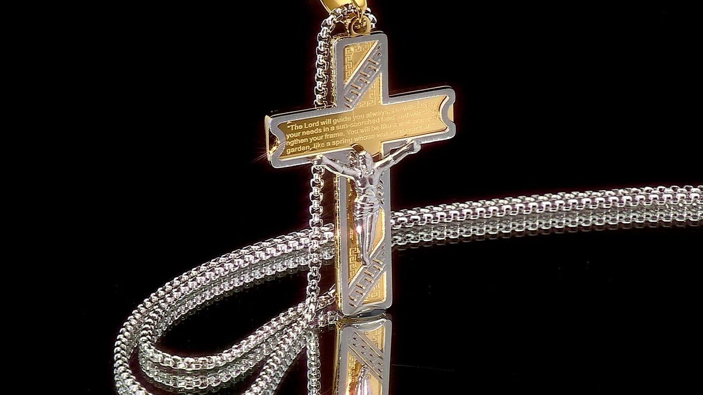Prayer Two-Tone Crucifix Pendant Necklace (23.5 Inches) in ION Plated YG and Stainless Steel