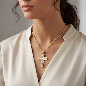 Our Father Two-Tone Crucifix Mens Pendant Necklace (23.5 Inches) in ION Plated YG and Stainless Steel
