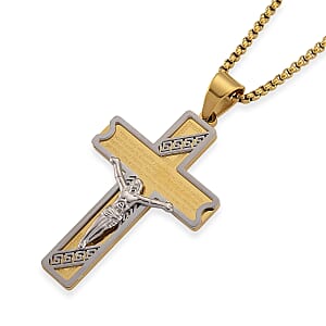 Our Father Two-Tone Crucifix Mens Pendant Necklace (23.5 Inches) in ION Plated YG and Stainless Steel