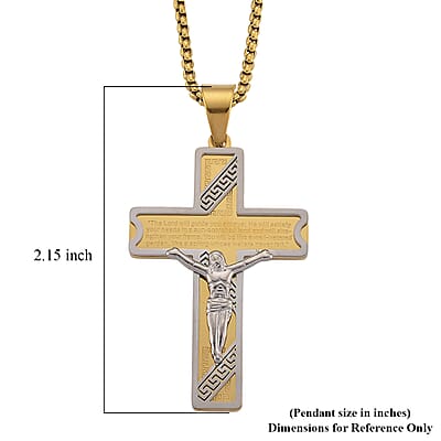 Our Father Two-Tone Crucifix Mens Pendant Necklace (23.5 Inches) in ION Plated YG and Stainless Steel