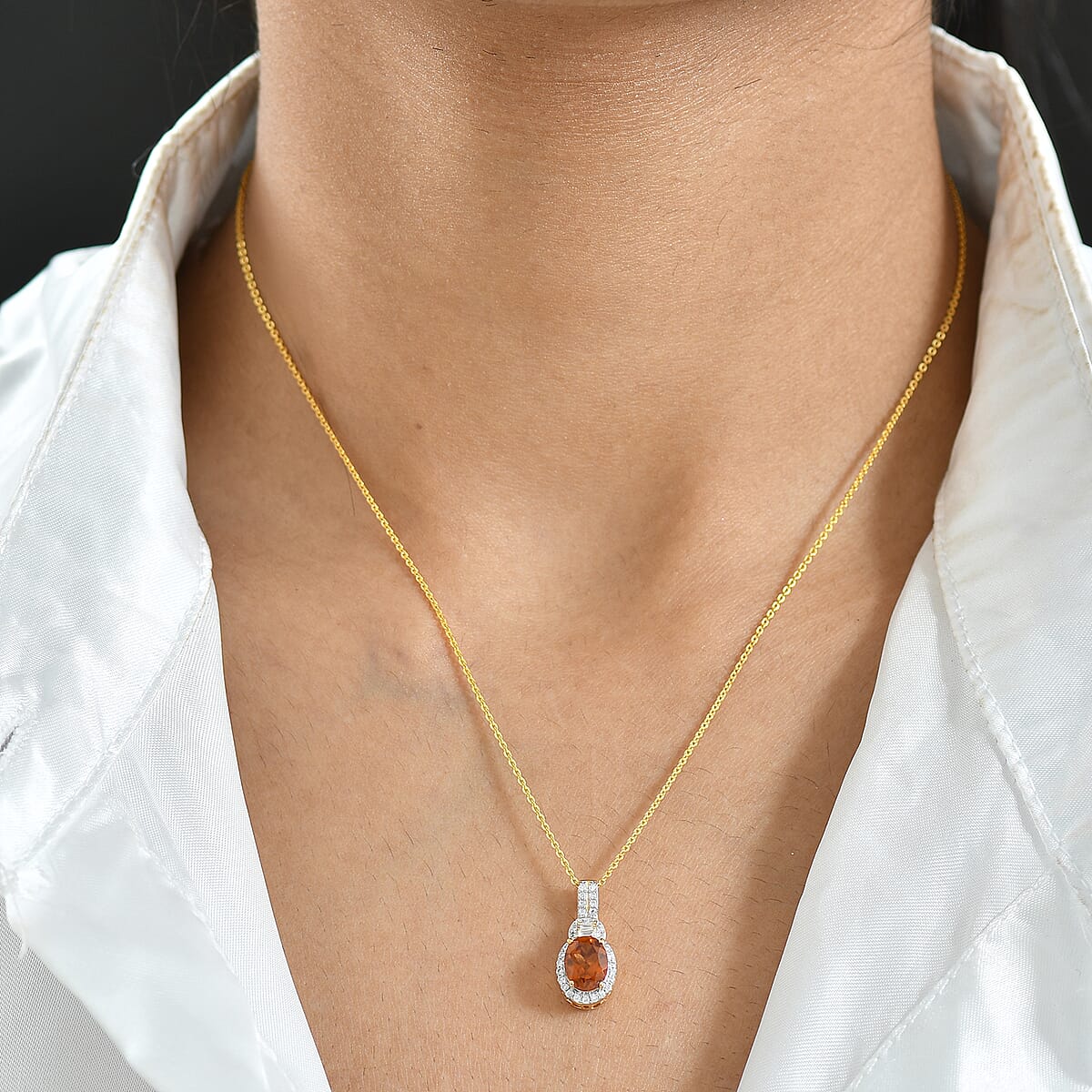 D'Joy AAA Ceylon Honey Garnet and Moissanite 1.80 ctw Solar Empress Pendant Necklace in 18K Vermeil Yellow Gold Over Sterling Silver 20 Inches  image number 2