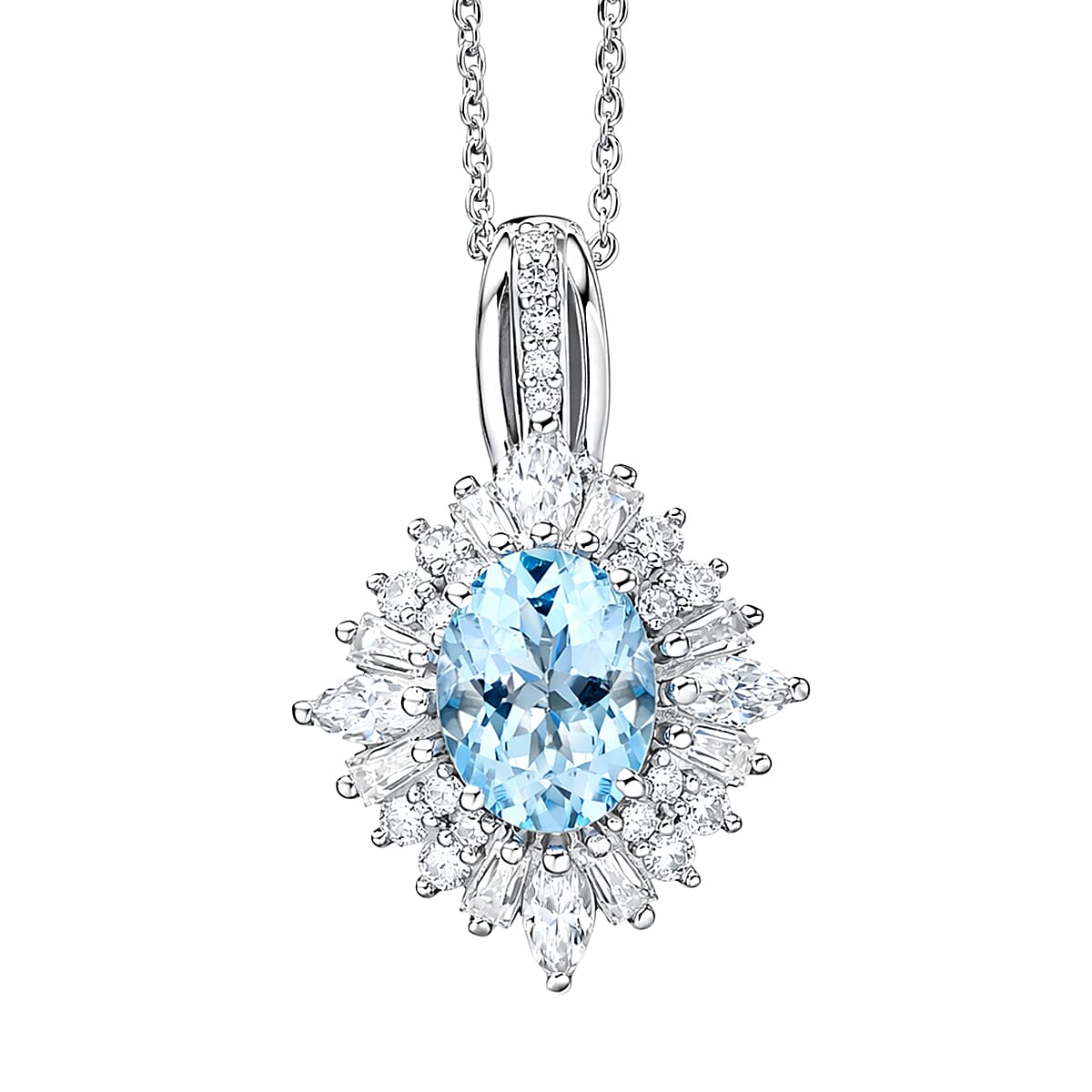 D'Joy Premium Santa Maria Aquamarine and Moissanite 2.00 ctw Radiant Bloom Floral Pendant Necklace in Rhodium Over Sterling Silver 20 Inches