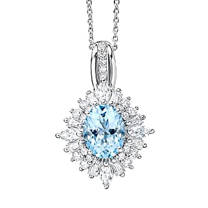 D'Joy Premium Santa Maria Aquamarine and Moissanite 2.00 ctw Pendant Necklace in Rhodium Over Sterling Silver 20 Inches
