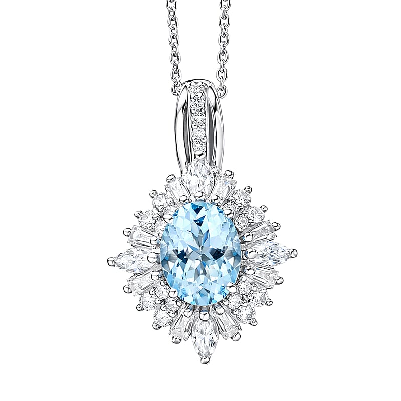 D'Joy Premium Santa Maria Aquamarine and Moissanite 2.00 ctw Radiant Bloom Floral Pendant Necklace in Rhodium Over Sterling Silver 20 Inches