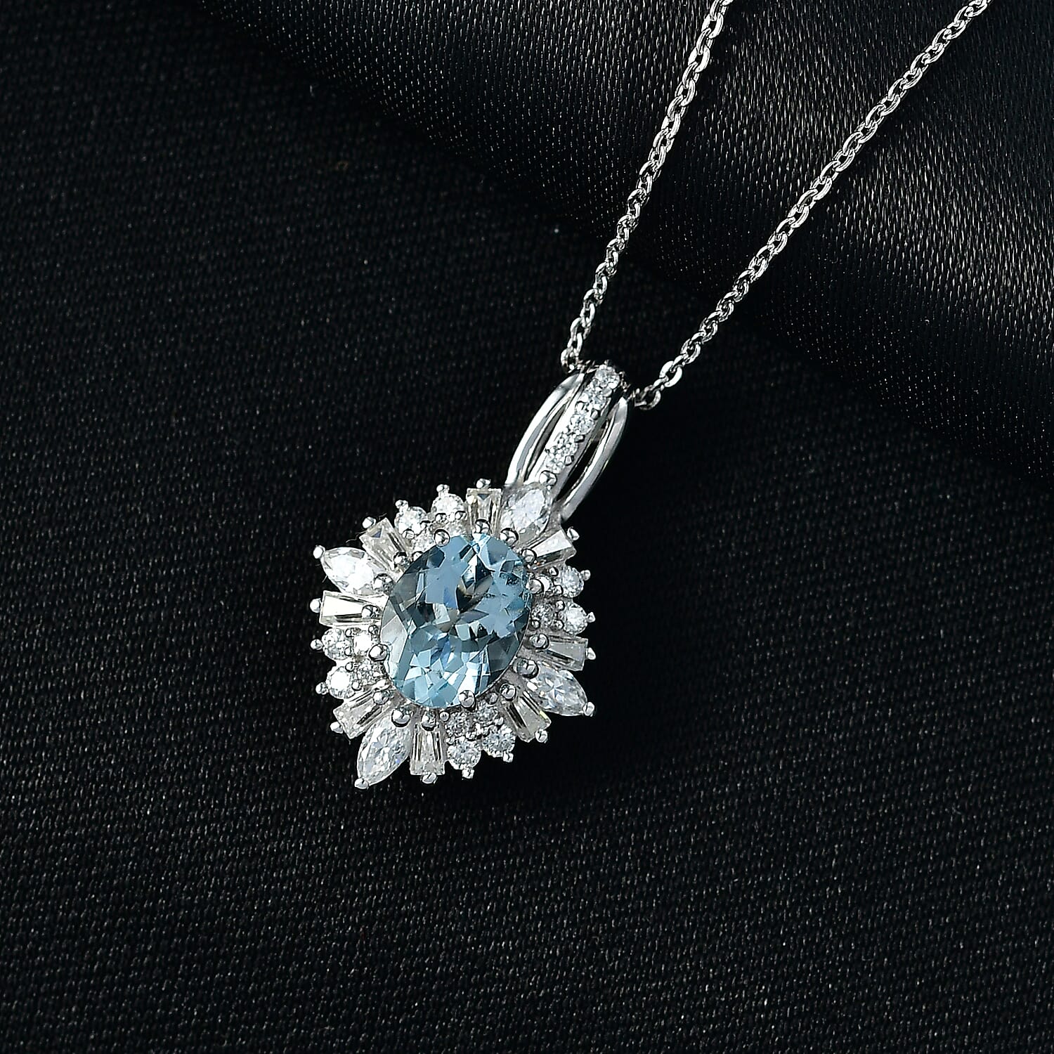 D'Joy Premium Santa Maria Aquamarine and Moissanite 2.00 ctw Radiant Bloom Floral Pendant Necklace in Rhodium Over Sterling Silver 20 Inches