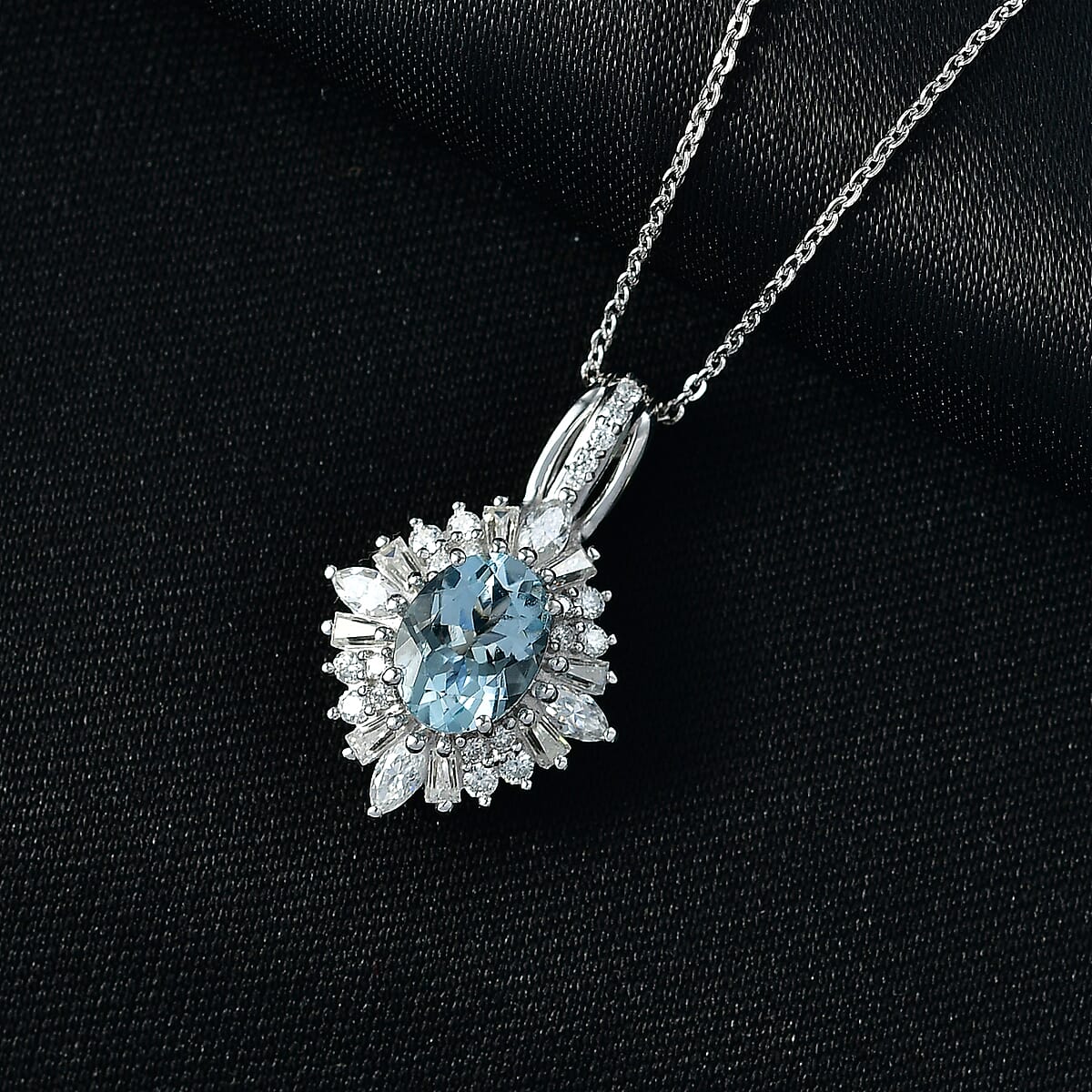 D'Joy Premium Santa Maria Aquamarine and Moissanite 2.00 ctw Pendant Necklace in Rhodium Over Sterling Silver 20 Inches image number 1