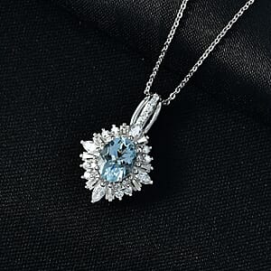 D'Joy Premium Santa Maria Aquamarine and Moissanite 2.00 ctw Pendant Necklace in Rhodium Over Sterling Silver 20 Inches