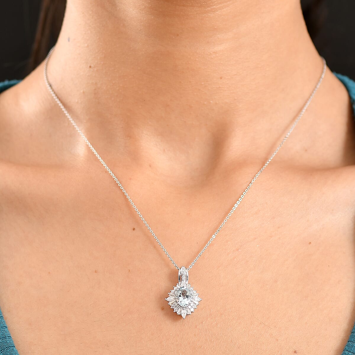 D'Joy Premium Santa Maria Aquamarine and Moissanite 2.00 ctw Pendant Necklace in Rhodium Over Sterling Silver 20 Inches image number 2