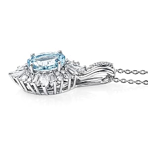 D'Joy Premium Santa Maria Aquamarine and Moissanite 2.00 ctw Pendant Necklace in Rhodium Over Sterling Silver 20 Inches