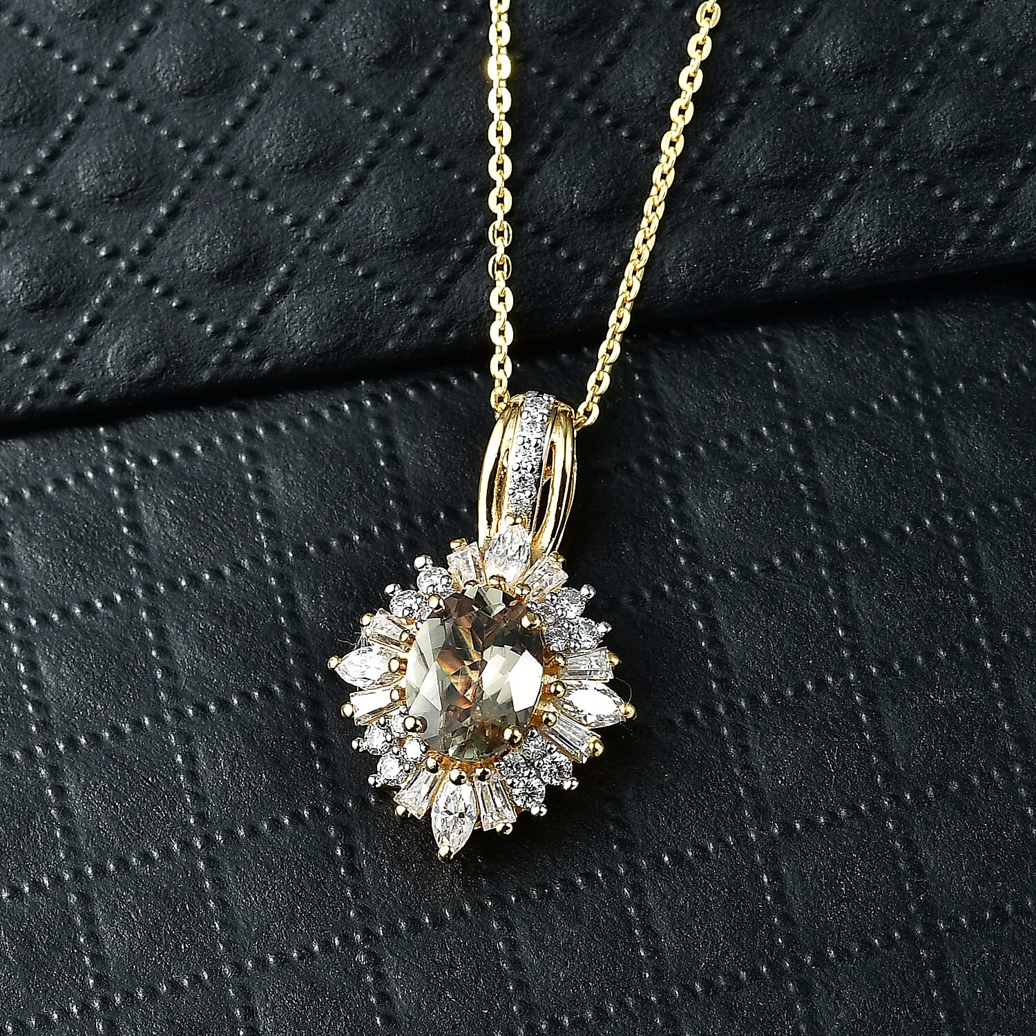 D'Joy AAA Turkizite and Moissanite 2.25 ctw Radiant Bloom Floral Pendant Necklace in 18K Vermeil Yellow Gold Over Sterling Silver 20 Inches