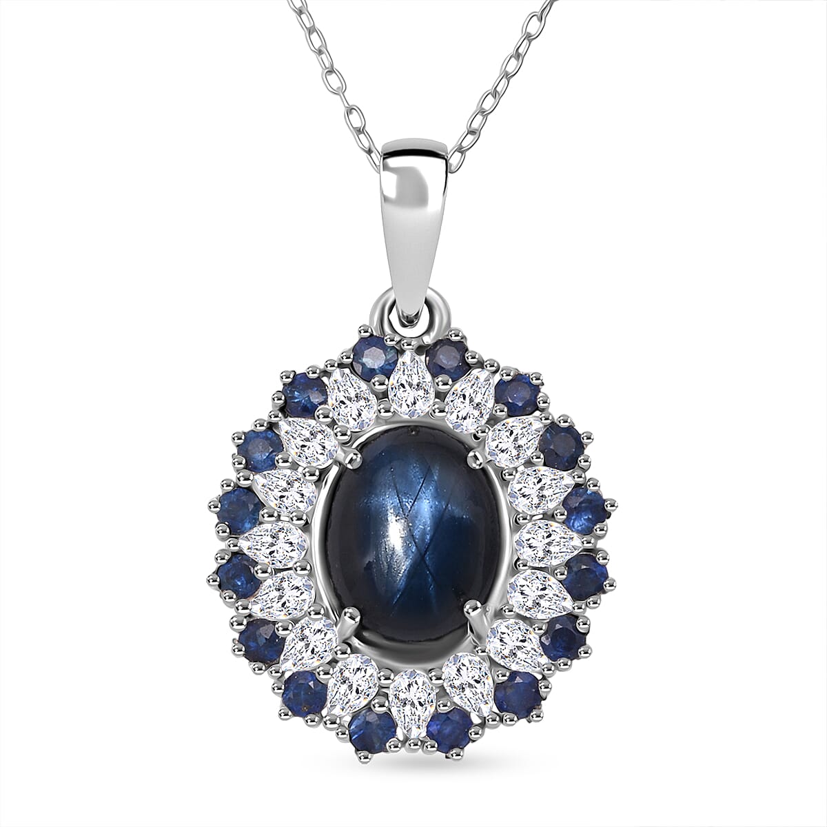D'Joy Premium Blue Star Sapphire (DF) and Multi Gemstone 6.20 ctw Royal Double Halo Pendant Necklace in Rhodium Over Sterling Silver 20 Inches