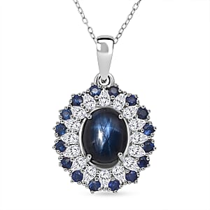 D'Joy Premium Blue Star Sapphire (DF) and Multi Gemstone 6.20 ctw Celestial Bloom Pendant Necklace in Rhodium Over Sterling Silver 20 Inches