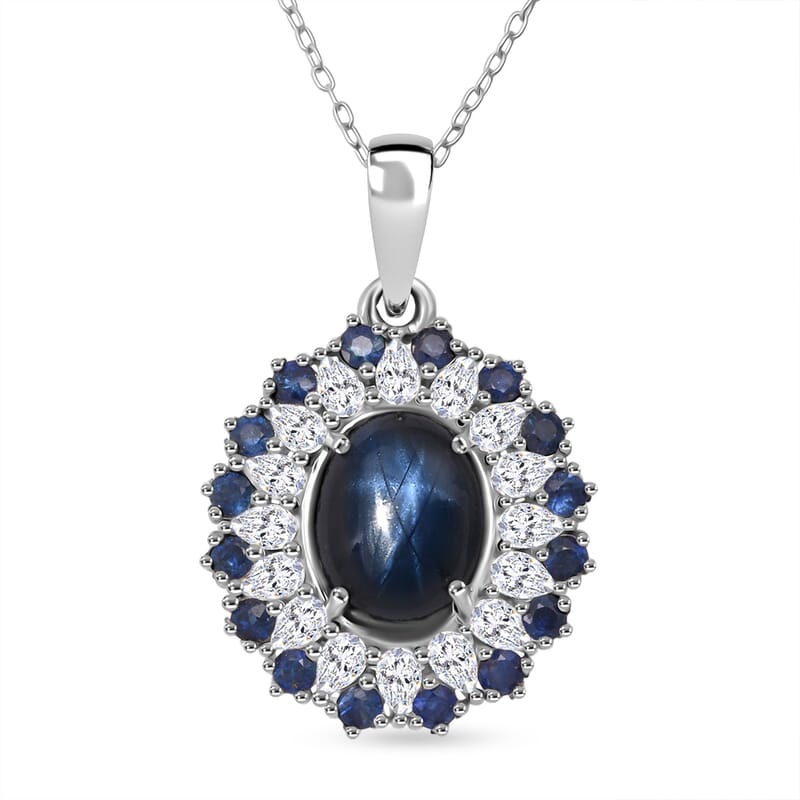 D'Joy Premium Blue Star Sapphire (DF) and Multi Gemstone 6.20 ctw Royal Double Halo Pendant Necklace in Rhodium Over Sterling Silver 20 Inches