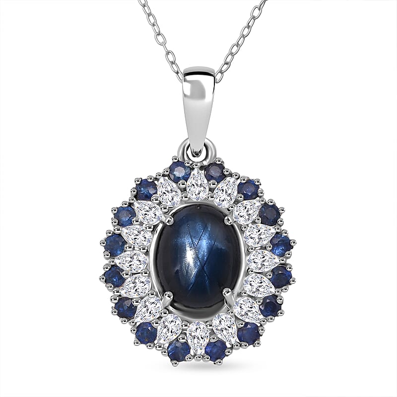 D'Joy Premium Blue Star Sapphire (DF) and Multi Gemstone 6.20 ctw Royal Double Halo Pendant Necklace in Rhodium Over Sterling Silver 20 Inches