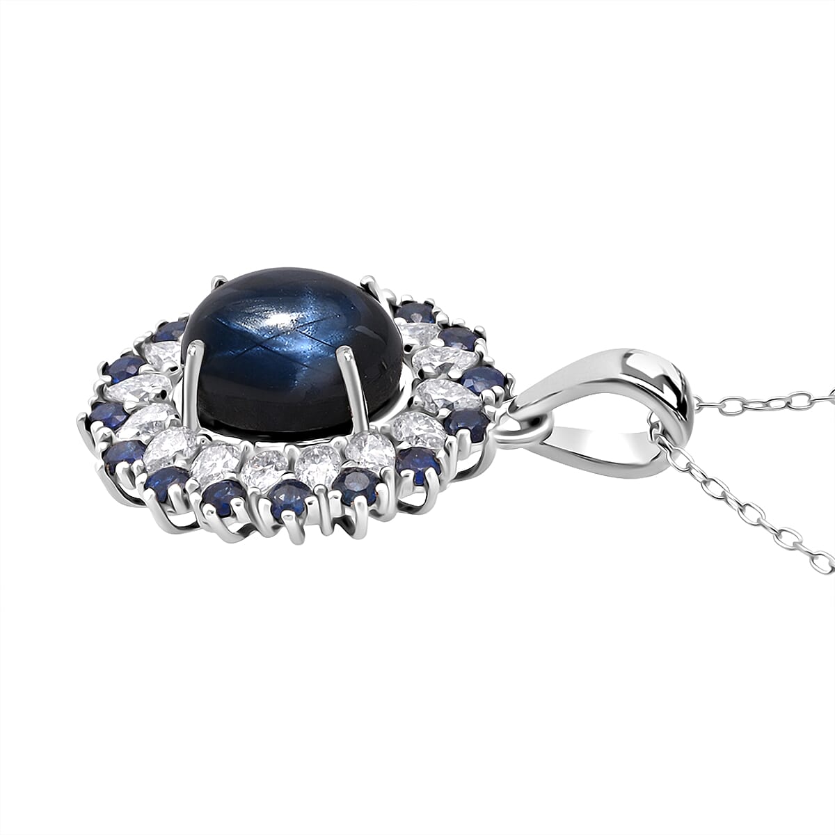 D'Joy Premium Blue Star Sapphire (DF) and Multi Gemstone 6.20 ctw Celestial Bloom Pendant Necklace in Rhodium Over Sterling Silver 20 Inches image number 3