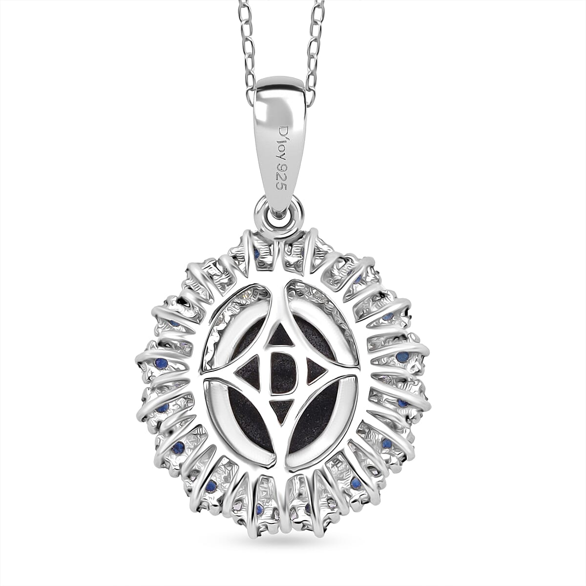 D'Joy Premium Blue Star Sapphire (DF) and Multi Gemstone 6.20 ctw Royal Double Halo Pendant Necklace in Rhodium Over Sterling Silver 20 Inches