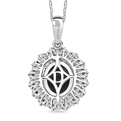 D'Joy Premium Blue Star Sapphire (DF) and Multi Gemstone 6.20 ctw Royal Double Halo Pendant Necklace in Rhodium Over Sterling Silver 20 Inches