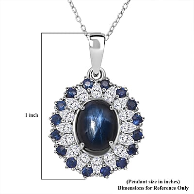 D'Joy Premium Blue Star Sapphire (DF) and Multi Gemstone 6.20 ctw Royal Double Halo Pendant Necklace in Rhodium Over Sterling Silver 20 Inches