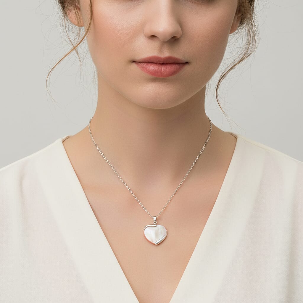 Pink Mother of Pearl Pendant Necklace 18 Inches in Rhodium Over Sterling Silver