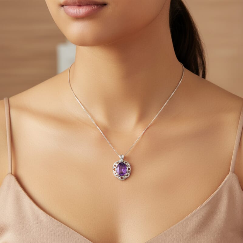 African Amethyst 8.50 ctw Pendant Necklace 18 Inches in Rhodium Over Sterling Silver