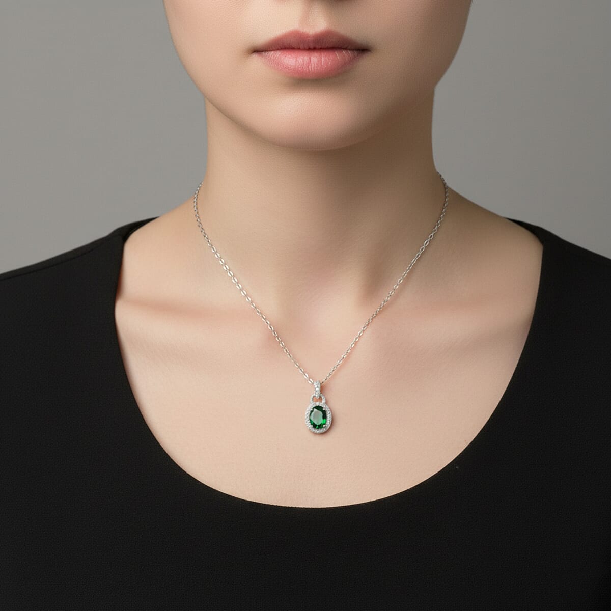 Emerald and Diamond 1.52 ctw Pendant Necklace 18 Inches in Rhodium Over Sterling Silver image number 2