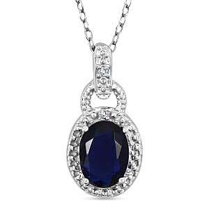 Blue Sapphire, Diamond 1.52 ctw Pendant Necklace 18 Inches in Rhodium Over Sterling Silver
