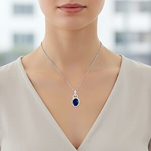 Blue Sapphire, Diamond 1.52 ctw Pendant Necklace 18 Inches in Rhodium Over Sterling Silver