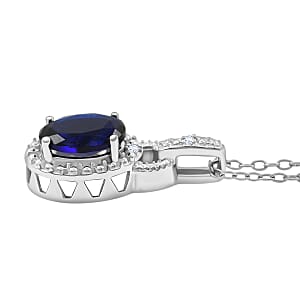 Blue Sapphire, Diamond 1.52 ctw Pendant Necklace 18 Inches in Rhodium Over Sterling Silver