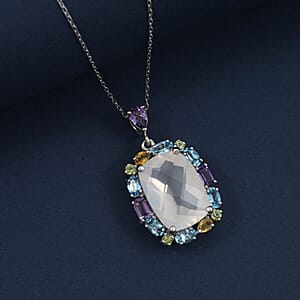 Pink Quartz with Multi Color Quartz 15.50 ctw Pendant Necklace 18 Inches in Rhodium Over Sterling Silver