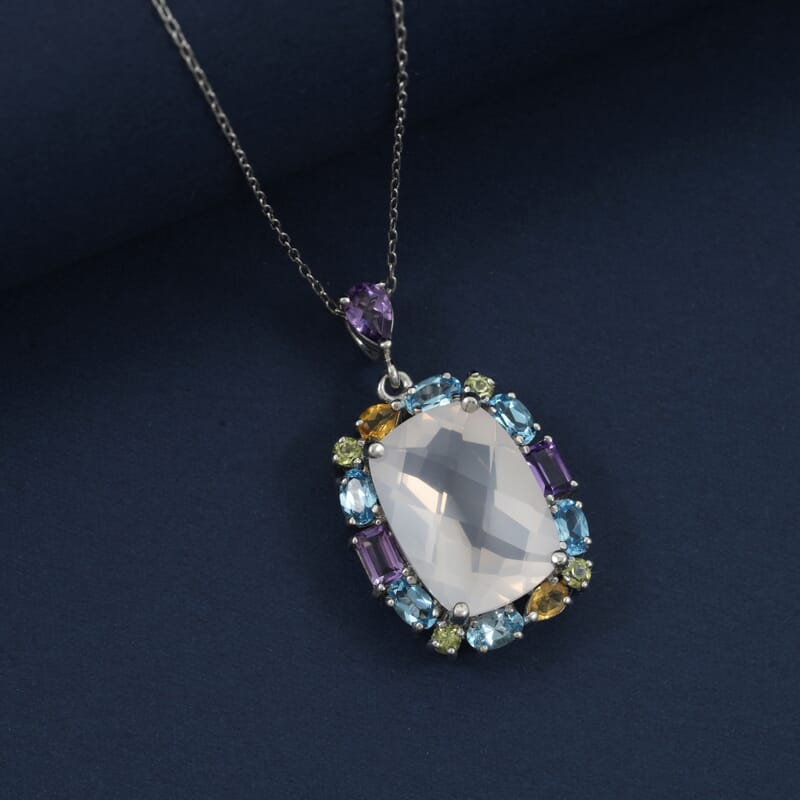 Pink Quartz with Multi Color Quartz 15.50 ctw Pendant Necklace 18 Inches in Rhodium Over Sterling Silver